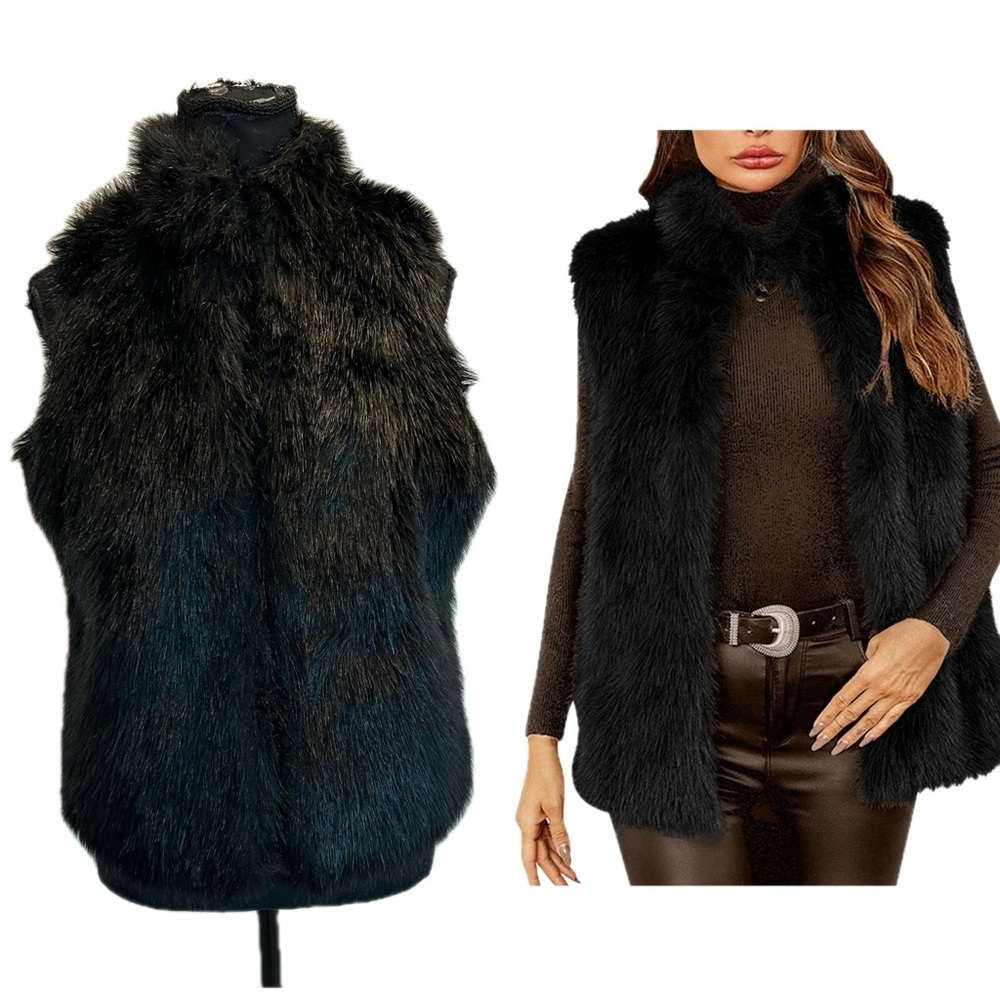 Holt Renfrew black faux fur vest high neck Sz S